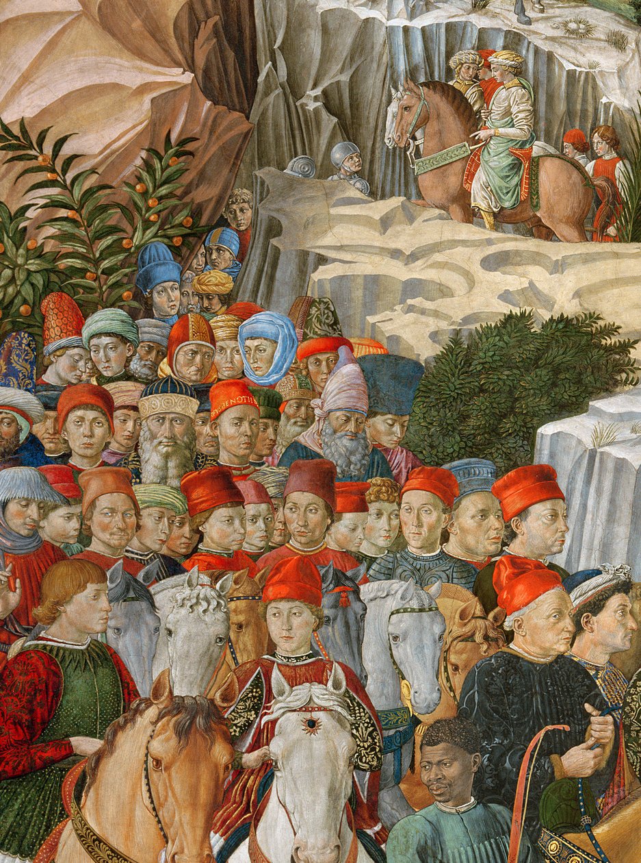 Ansigter i processionen, inklusive et selvportræt af Gozzoli (iført en rød kasket med guldindskriften: Opus Benotii), detaljer fra Magi-cyklussen i kapellet, ca. 1460 (d. af Benozzo di Lese di Sandro Gozzoli