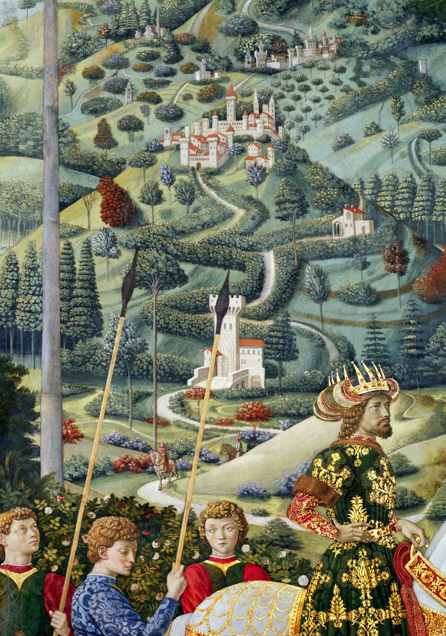 Fantastisk landskab, detaljer fra Magi-cyklussen i kapellet, ca. 1460 af Benozzo di Lese di Sandro Gozzoli