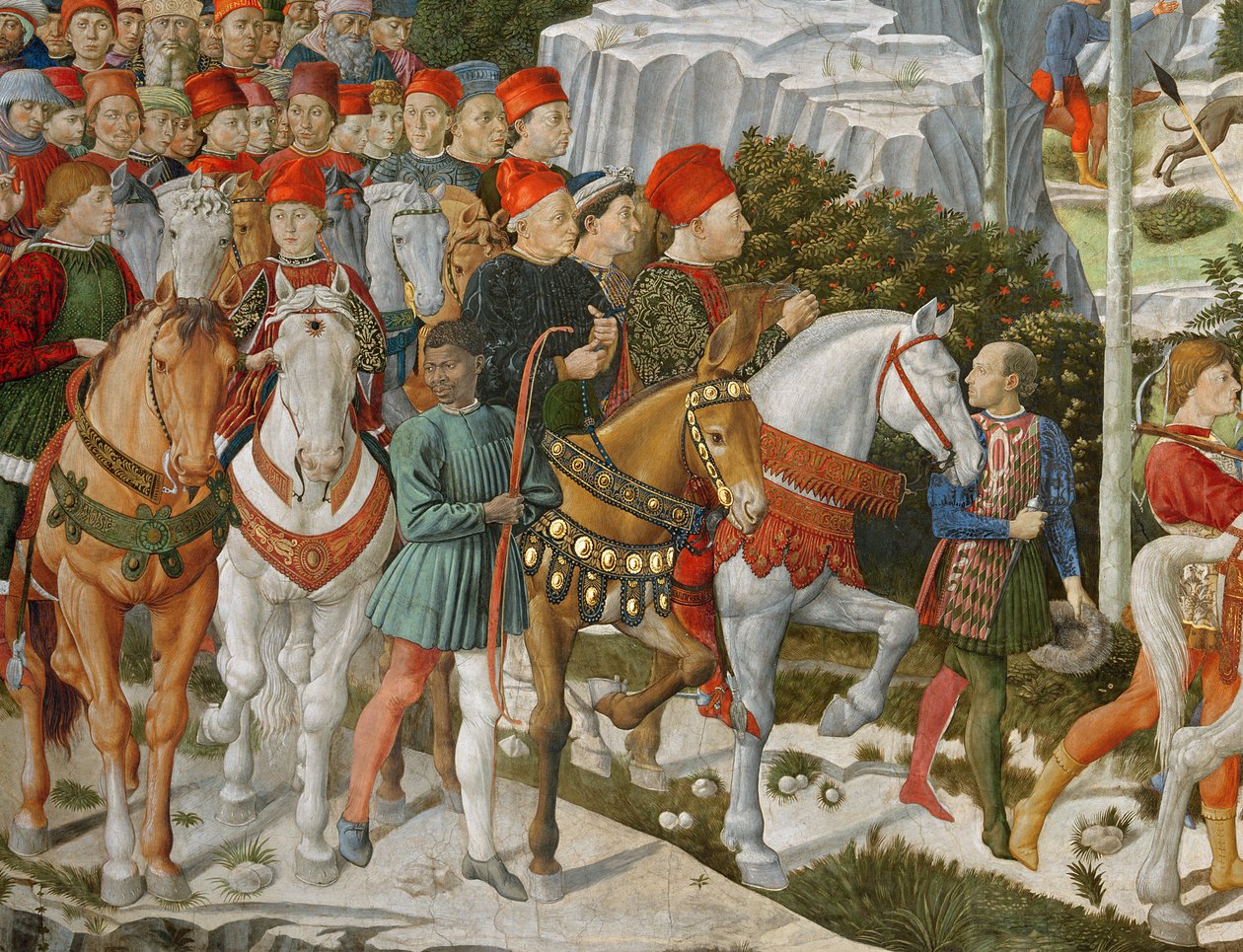 Galeazzo Maria Sforza, hertug af Milano (1444-76), yderst til venstre, på en brun hest og Sigismondo Pandolfo Malatesta, hersker over Rimini (1417-68) ved siden af ham på en grå hest, detalje fra Journey of the M af Benozzo di Lese di Sandro Gozzoli