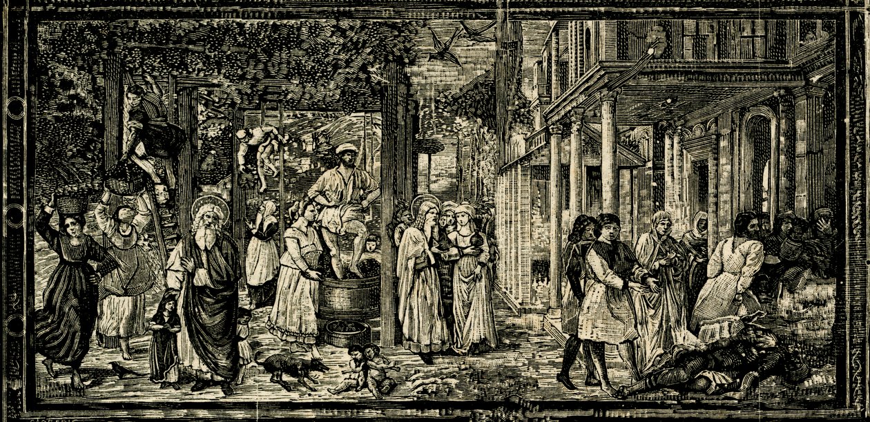 Grape Harvest and Drunkenness of Noah, fresko af Benozzo Gozzoli (ca. 1421-1497), Camposanto Monumentale (Monumental Cemetery), Pisa, Toscana, Italien, træsnit fra Le cento città d