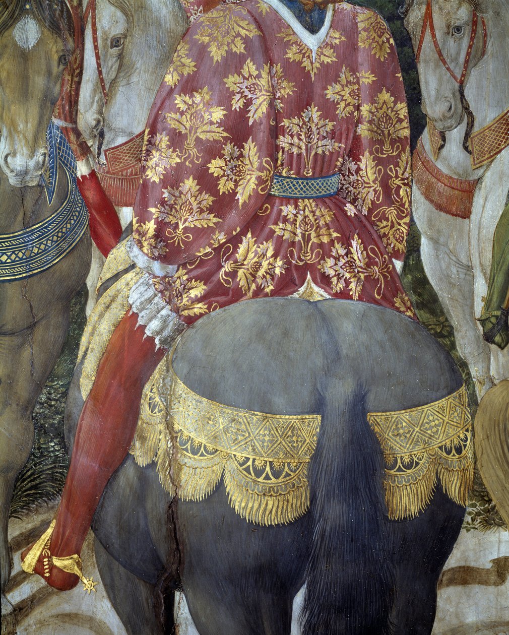 Ridder til hest i overdådige tiltrækninger, detaljer fra tilbedelsen af Magi (Fresco af Benozzo di Lese di Sandro Gozzoli