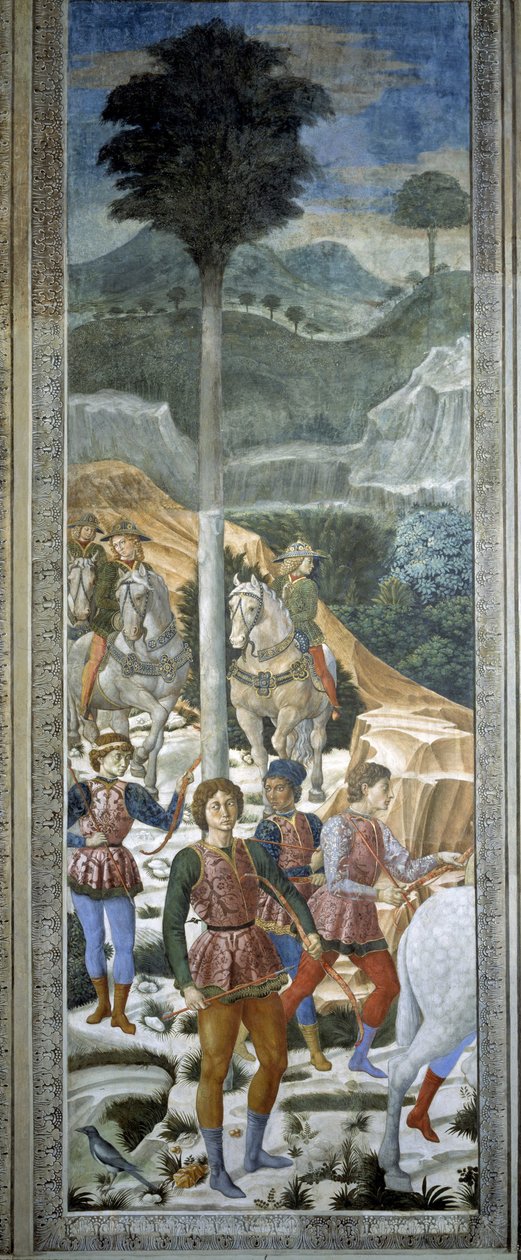 Bueskytter med livrem og seler, detalje fra Magiernes rejse-cyklussen i kapellet, ca. 1460 (fresko) af Benozzo di Lese di Sandro Gozzoli