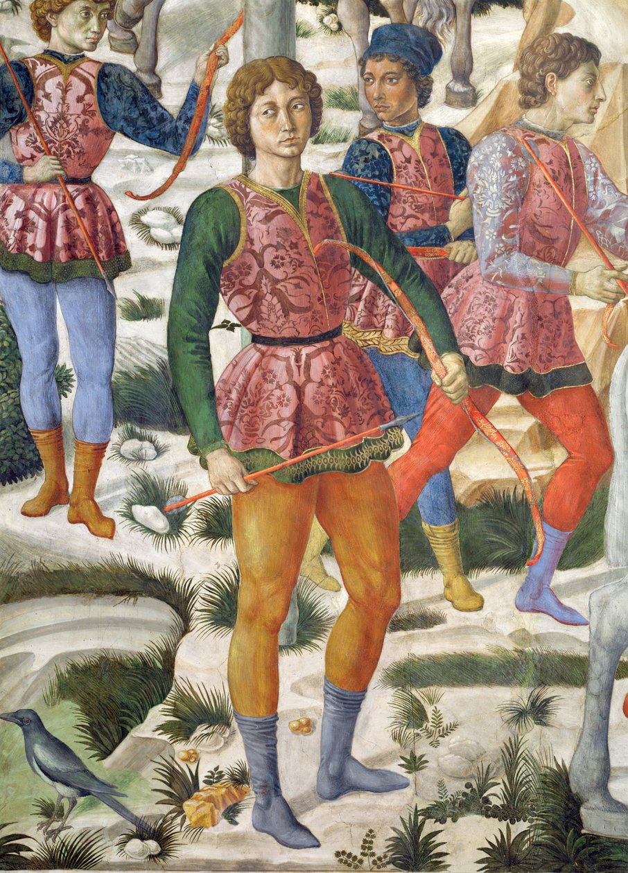 Liveried bueskytter, detalje fra Journey of the Magi cyklus i kapellet, ca. 1460 freskodetalje af 70630 af Benozzo di Lese di Sandro Gozzoli