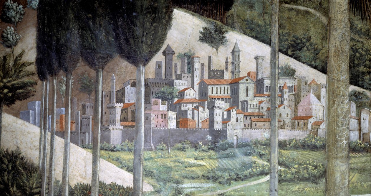 Middelalderby, detalje fra cyklussen om de hellige tre kongers rejse i kapellet, ca. 1460 (fresko) af Benozzo di Lese di Sandro Gozzoli