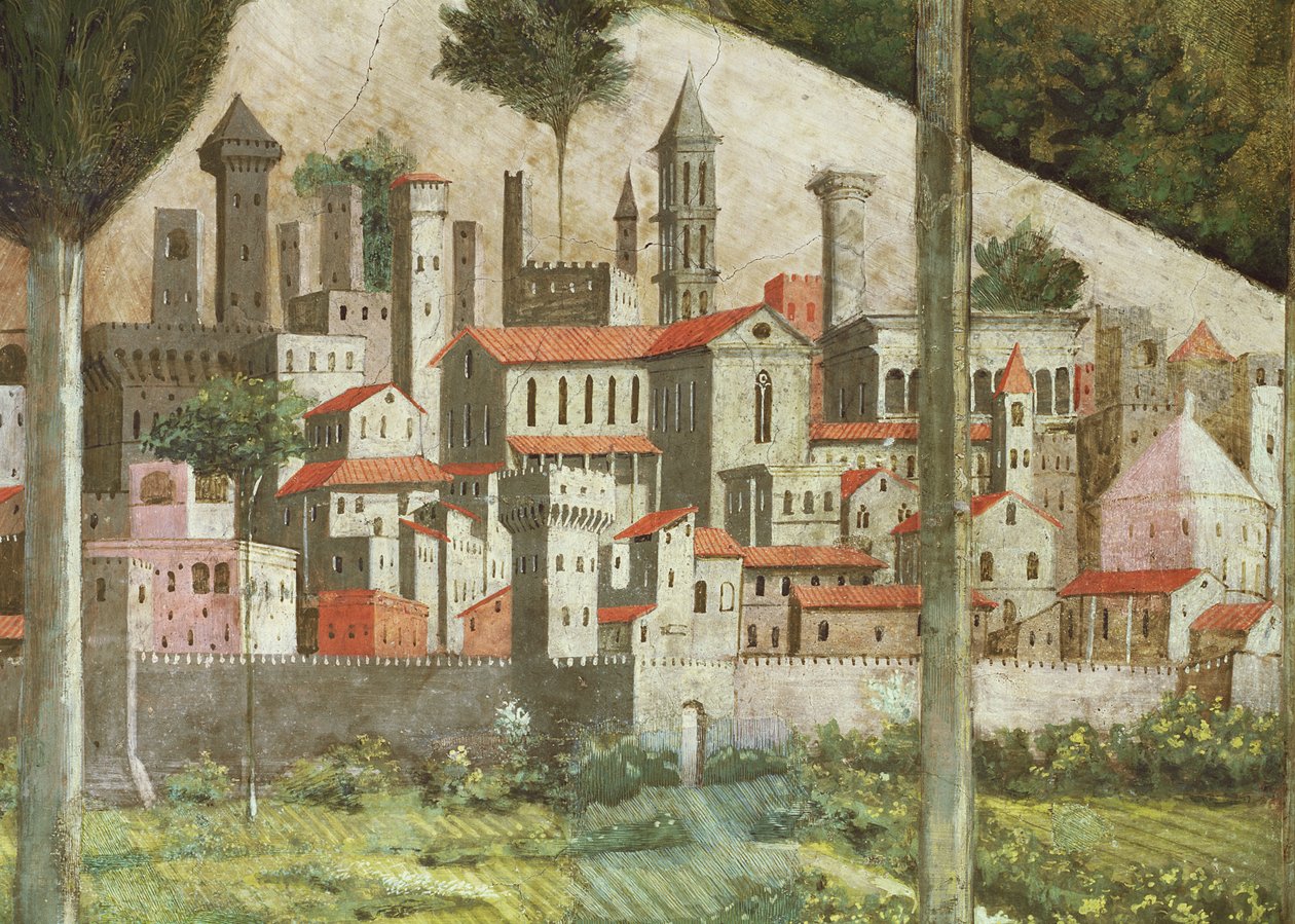 Middelalderby, detaljer fra Magi-cyklussens rejse i kapellet, ca. 1460 freskodetalje af 70610 af Benozzo di Lese di Sandro Gozzoli
