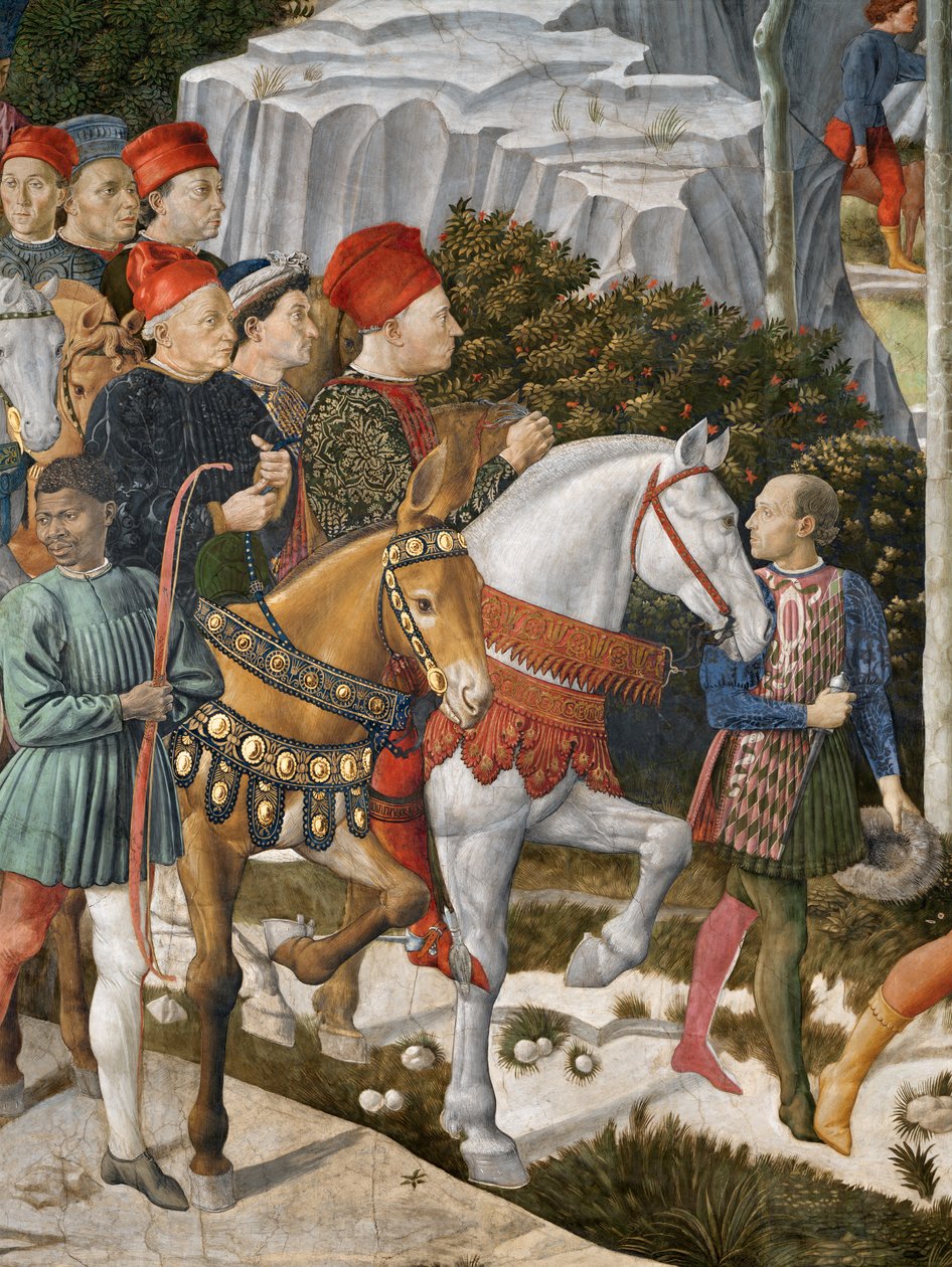 Portrætter af Piero deMedici på et muldyr, Cosimo de Medici-centret og hertugen Salviati til hest, detalje fra Magi-cyklussens rejse i kapellet, ca. 1460 freskodetalje af 70619 af Benozzo di Lese di Sandro Gozzoli