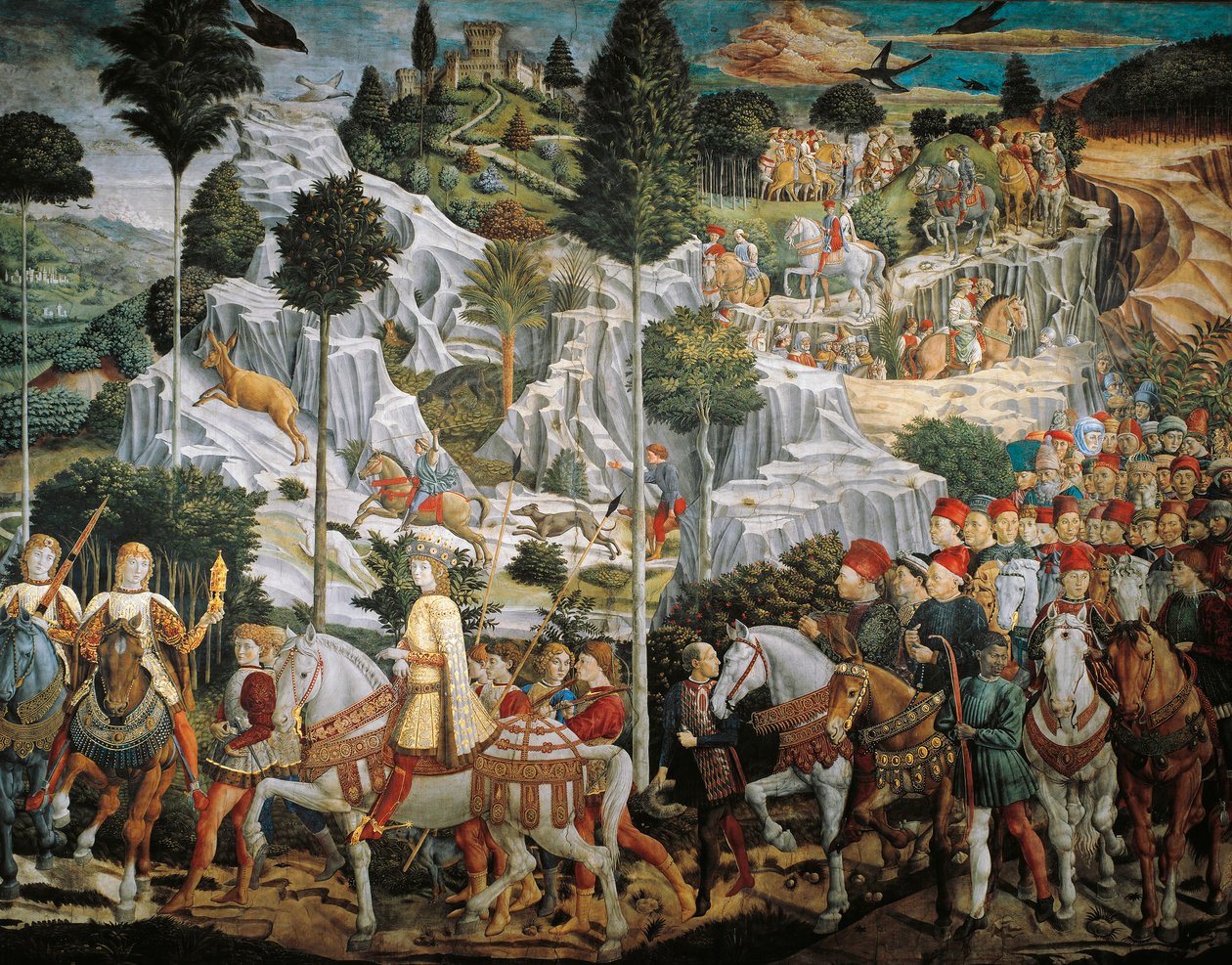 Procession af Magi Kings til Betlehem, af Benozzo Gozzoli (1420-1497), fresco, tempera og olie på væg, Kapel Palazzo Medici Riccardi, Firenze af Benozzo di Lese di Sandro Gozzoli