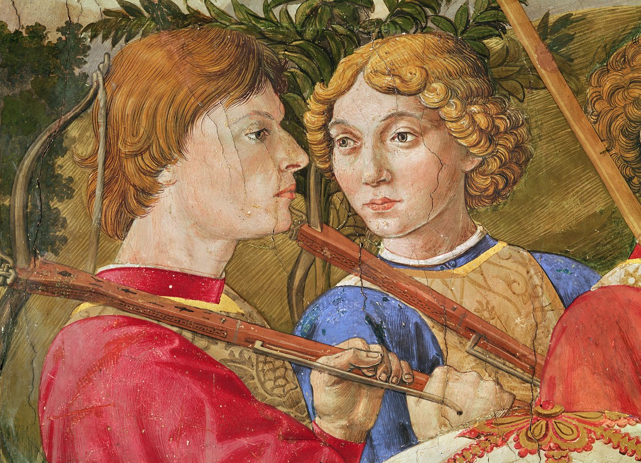 Procession af Magi, procession ledet af Lorenzo den Storslåede i skikkelse af Magus Caspar, detalje af hovederne på to armbrøstskytter, 1459-1462 af Benozzo di Lese di Sandro Gozzoli