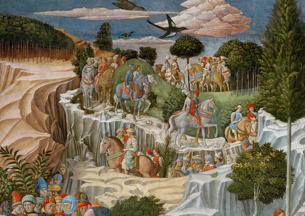 Procession på hesteryg ned ad en bakke, detalje fra Magi-cyklen Journey i kapellet, ca. 1460 fresko-detalje af 70619 af Benozzo di Lese di Sandro Gozzoli