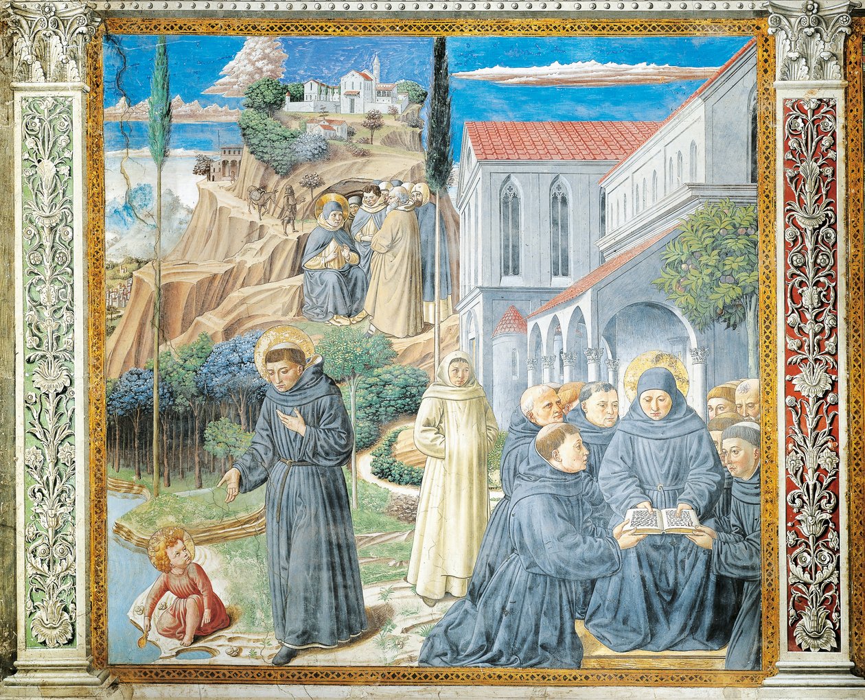 St. Augustin giver herredømme til munke og taler med Jesusbarnet om Hellig Treenighed, detaljer fra Stories of St. Augustine af Benozzo di Lese di Sandro Gozzoli