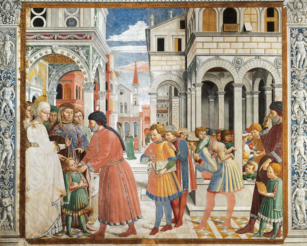 St Augustine taget af sine forældre til grammatiklærer i Tagaste, af Benozzo Gozzoli (1420-1497), fresco, St Augustine Church, San Gimignano (UNESCOs verdensarvsliste af Benozzo di Lese di Sandro Gozzoli