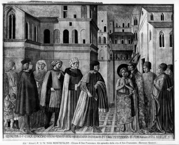 St. Francis giver afkald på sine verdslige goder (fresco) (s/h-billede) af Benozzo di Lese di Sandro Gozzoli