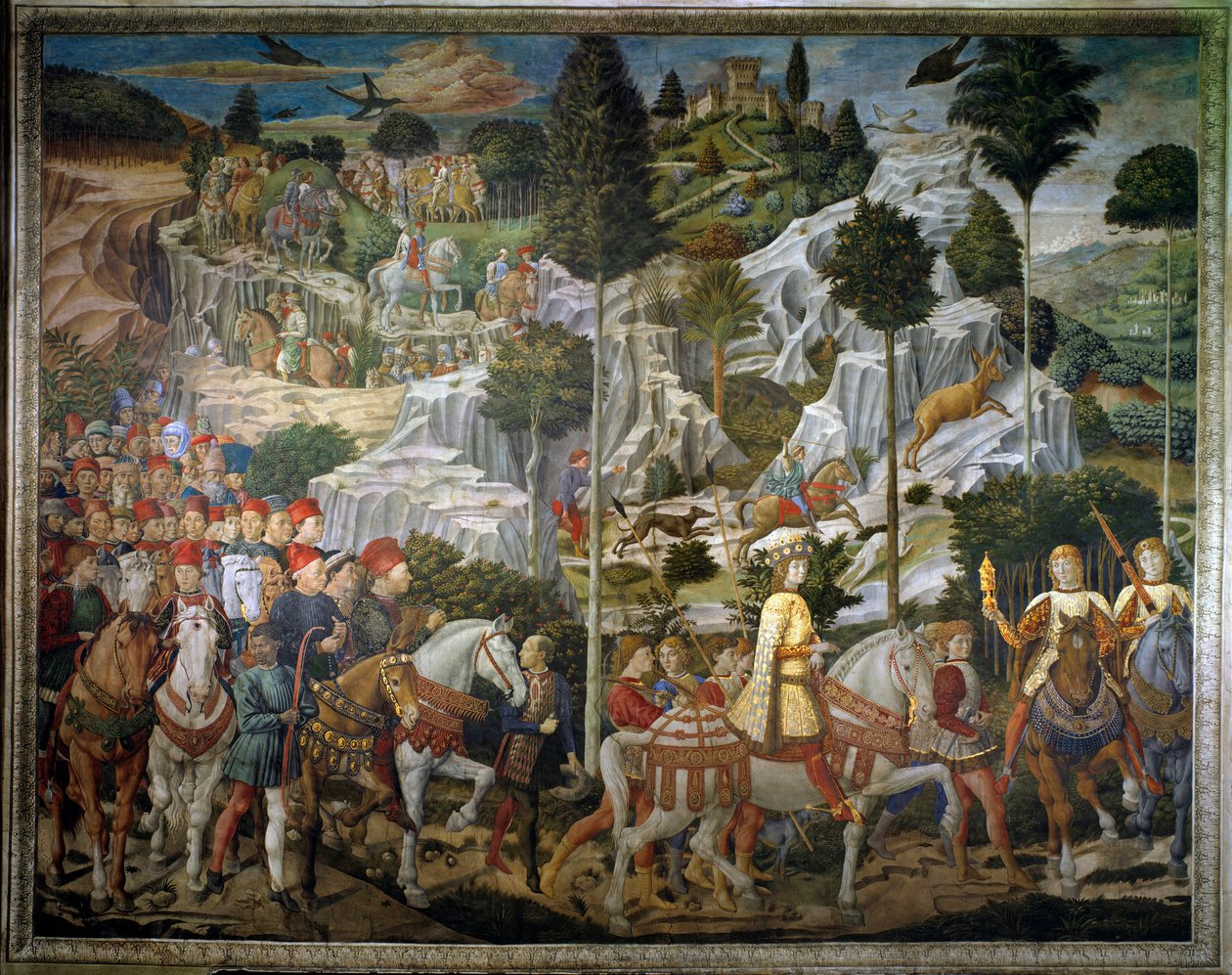 Magiernes rejse. Cortege of the Magi of Jerusalem i Bethleem kaldet "Magiernes Rejse" eller "Magiernes Kavalkade" på italiensk. Landskabsdetalje. Kalkmaleri af østmuren af ​​kapellet af Magi af Benozzo di Lese af Sandro dit Benozzo Gozzoli (1421-14 af Benozzo di Lese di Sandro Gozzoli