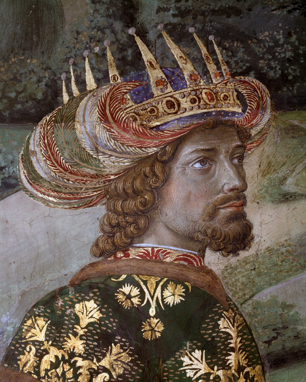 The Journey of the Magi Cortege of the Magi of Jerusalem to Bethlehem kalder på italiensk "Viaggio dei Magi" eller "Cavalcata dei Magi" Detalje af Balthasar under træk af John VIII palæolog, byzantinsk kejser (John VII Palaiologos (eller Palaeologus)) Fres af Benozzo di Lese di Sandro Gozzoli