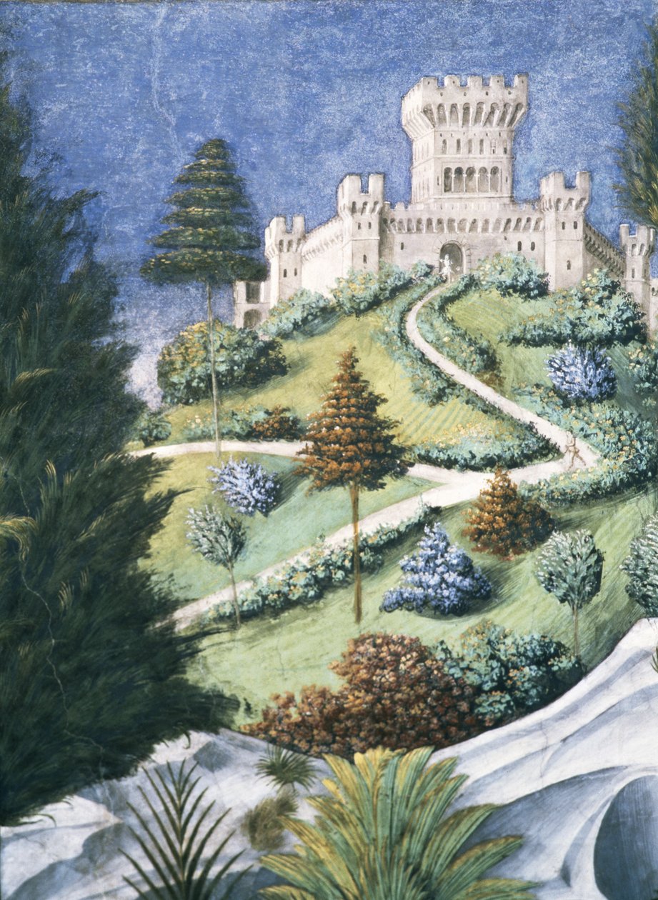 Stien, der fører op til et slot, fra Magi-rejsen, 1459 freskodetalje af 636 af Benozzo di Lese di Sandro Gozzoli