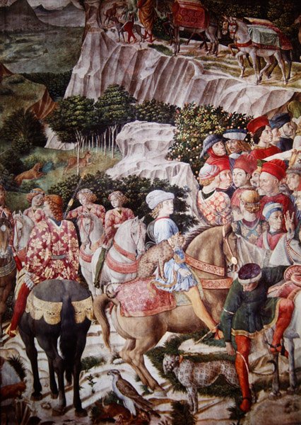 Magiernes procession, detalje af ridderen med en leopard i Melchiors procession, ca. 1460 (detalje af 70601) af Benozzo di Lese di Sandro Gozzoli