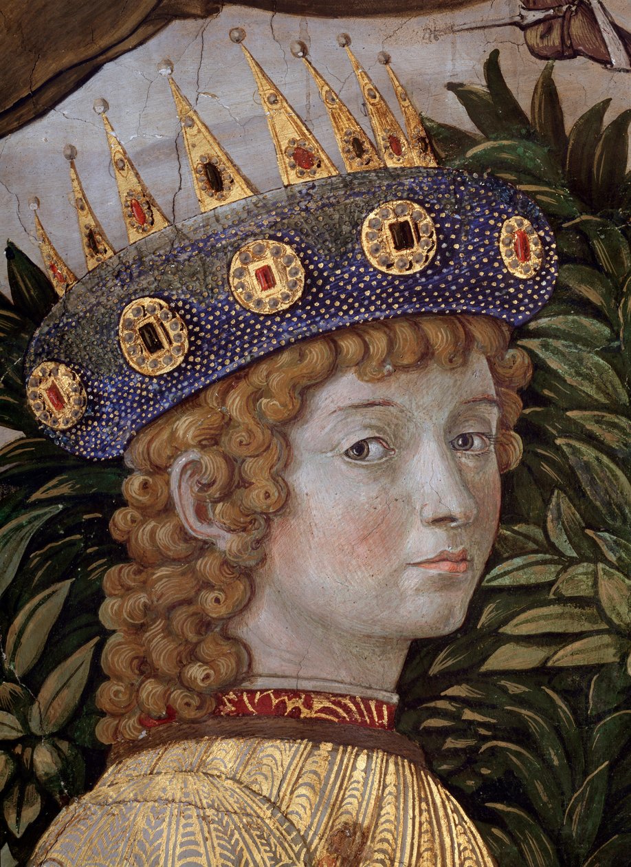 Magiernes rejse Cortege des rois mages de Jerusalem a Bethleem kalder på italiensk "Viaggio dei Magi" eller "" Cavalcata dei Magi" Detalje af den unge magiker i ansigtet på Laurent den Storslåede (Laurent de Medici) (Processionen af Magi, detalje af t af Benozzo di Lese di Sandro Gozzoli