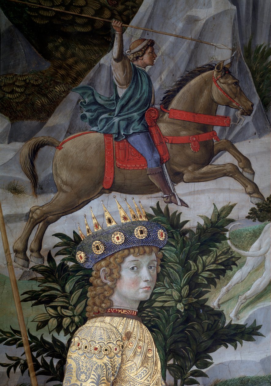 Magiernes rejse Cortege des rois mages de Jerusalem a Bethleem kalder på italiensk "Viaggio dei Magi" eller "" Cavalcata dei Magi" Detalje af den unge magiker i ansigtet på Laurent den Storslåede (Laurent de Medici) (Processionen af Magi, detalje af t af Benozzo di Lese di Sandro Gozzoli