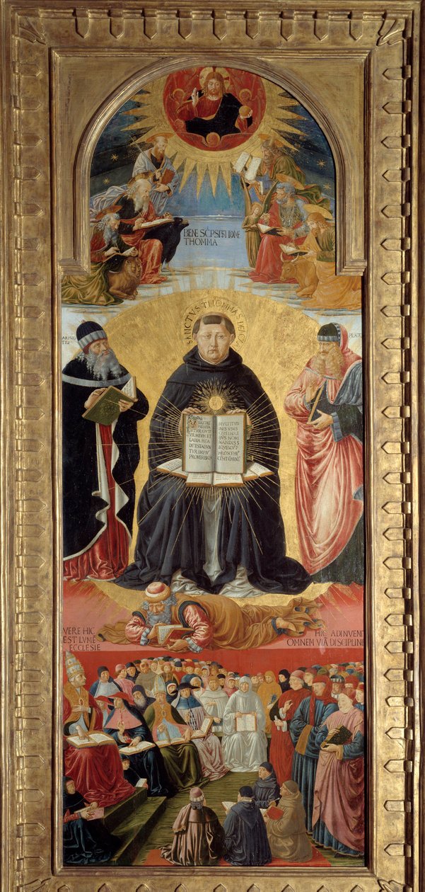 St. Thomas Aquinas (1225-1274) triumf er repræsenteret omgivet af Platon (til højre) og Aristoteles, som han er discipel af. Ved hans fødder lagde William af Saint-Amour sig ned. På toppen Kristus velsigner evangelisterne. Nedenfor har pave Sixtus IV (1414 af Benozzo di Lese di Sandro Gozzoli