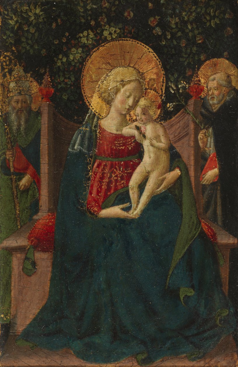Jomfru og barn på tronen mellem Saint Dominic og en pavelig helgen, 1430-35 af Benozzo di Lese di Sandro Gozzoli