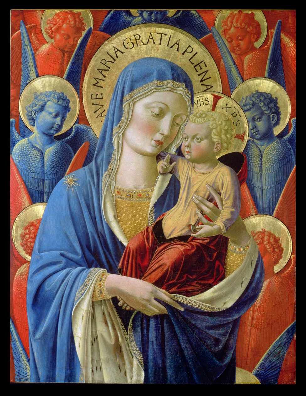 Jomfru og barn med engle, ca. 1460 (bladguld og tempera på træpanel) af Benozzo di Lese di Sandro Gozzoli
