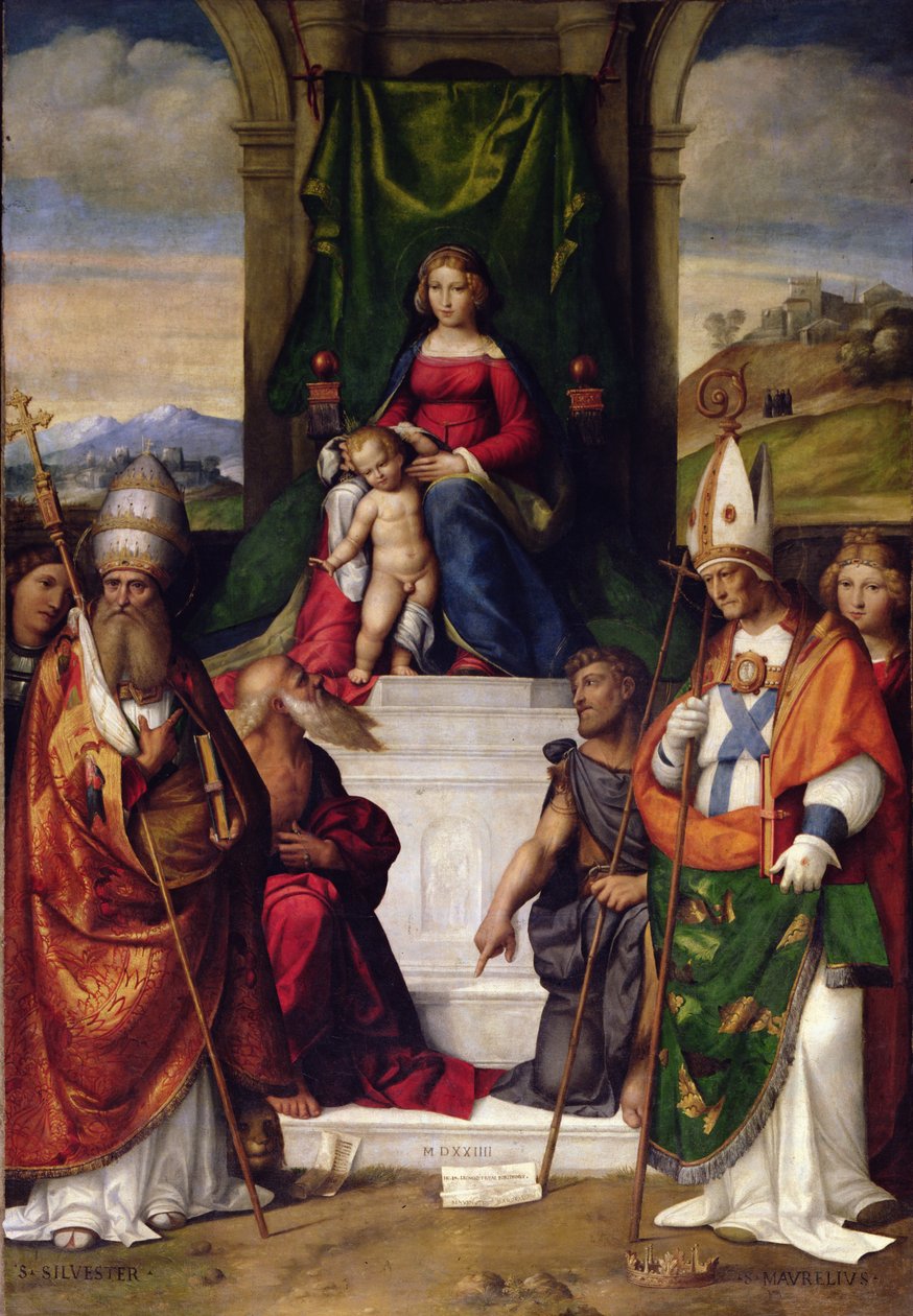 Jomfruen på tronen med de hellige Jerome, Sylvester og Maurius af Benvenuto Tisi da Garofalo