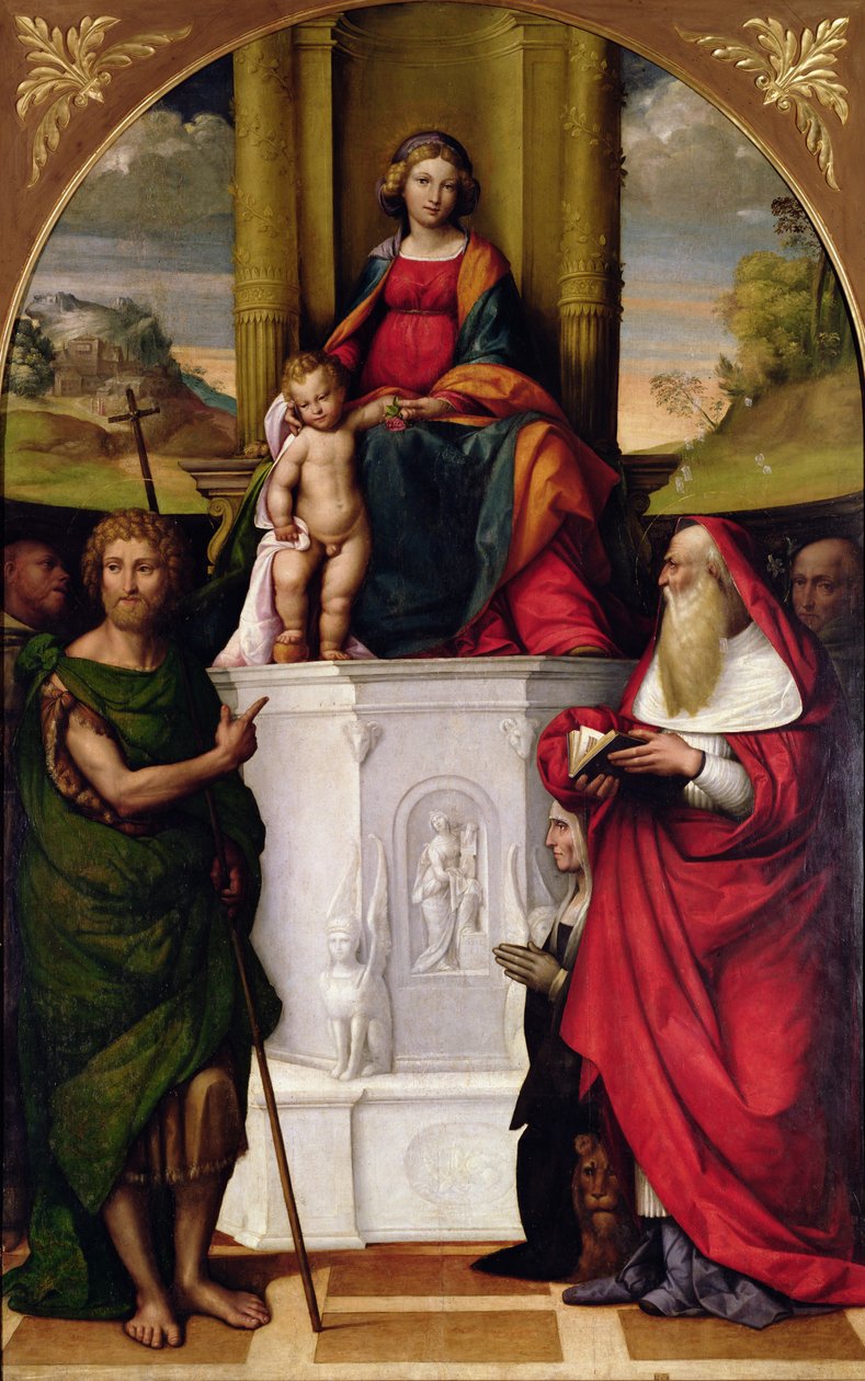 Jomfruen med den hellige Hieronymus og den hellige Johannes på tronen (olie) (se også 33480) af Benvenuto Tisi da Garofalo