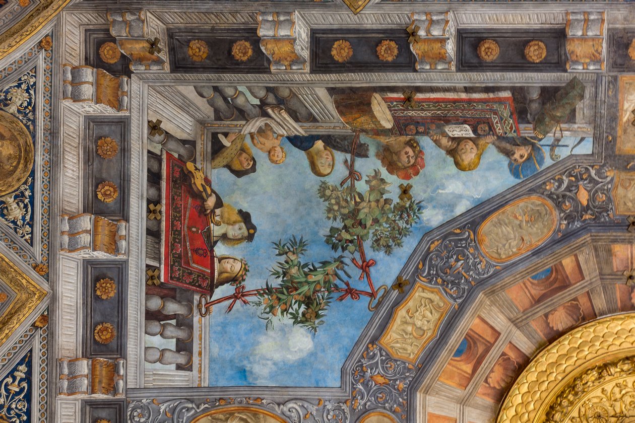 En kat, musikinstrumenter og mandlige og kvindelige figurer, detalje, hvælving af Hall of the Treasure (fresco) (detalje af 3707463) af Benvenuto Tisi da Garofalo