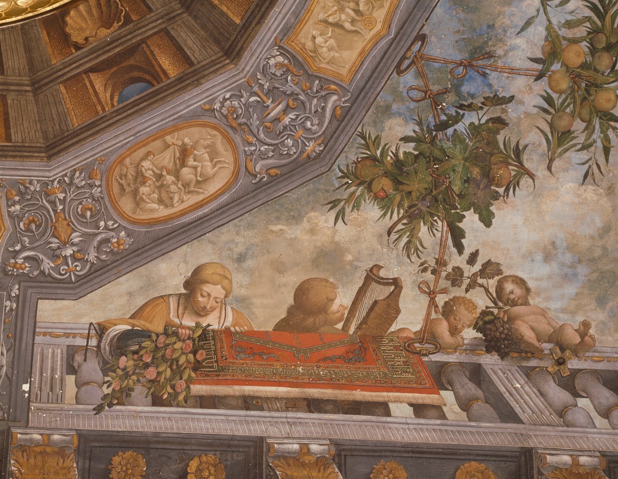 Dam, musiker og amoriner på balkonen, detaljer fra loftfresco, af Garofalo (1481-1559), Skatkammer, Ludovico il Moro Palace eller Costabili Palace, Ferrara, Italien af Benvenuto Tisi da Garofalo