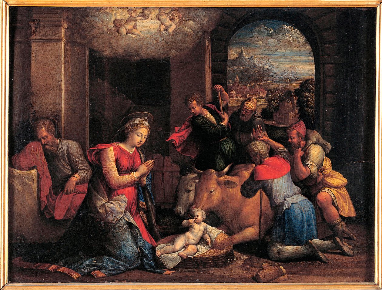 Hyrdernes tilbedelse - Maleri af Benvenuto Tisi da Garofalo (Il Garolafo) (1481-1559), olie på træ, 41,5x55 cm af Benvenuto Tisi da Garofalo