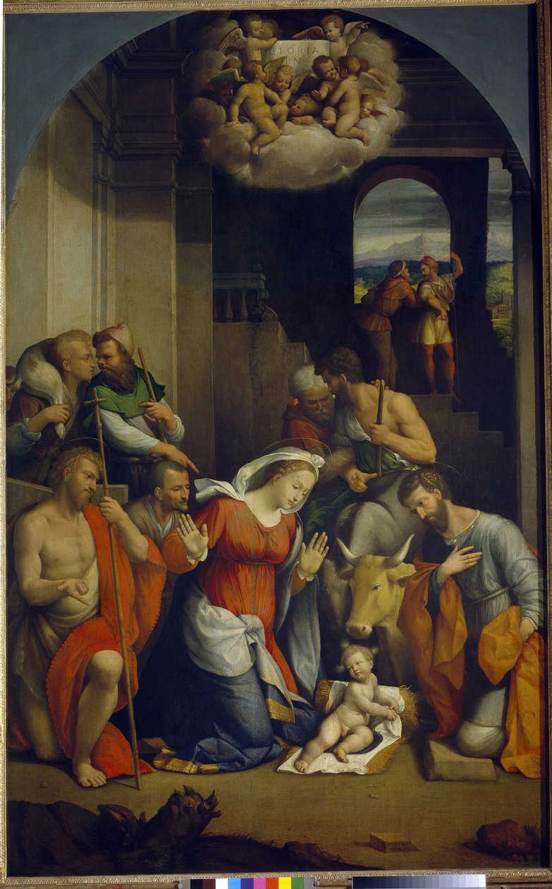 Tilbedelse af Kristusbarnet (tilbedelse af hyrderne). (Tilbedelsen af ​​Kristusbarnet). Maleri af Benvenuto Tisi Da Garofalo (1481-1559), olie på lærred af Benvenuto Tisi da Garofalo