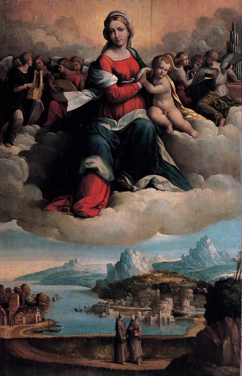 Madonna og barn i herlighed med helgenerne Anthony af Padua og Frans af Benvenuto Tisi da Garofalo