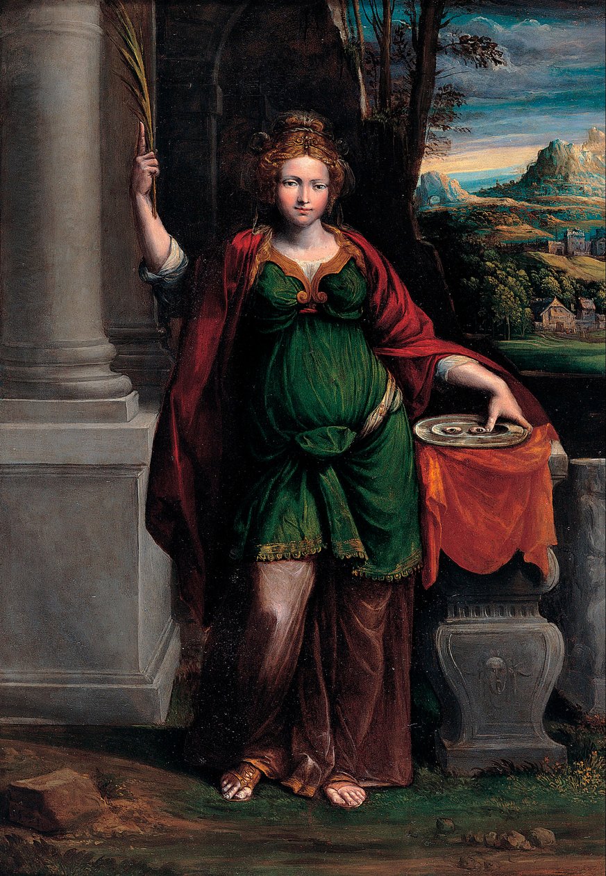 Saint Lucia (af Syracuse) (begyndelsen af ​​det 4. århundrede) holder en bakke med to øjne (Saint Lucy) - Maleri af Benvenuto Tisi da Garofalo (Il Garolafo) (1481-1559), olie på træ, 63x44 cm af Benvenuto Tisi da Garofalo