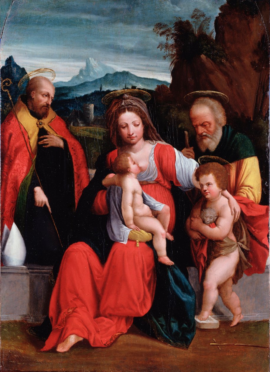 Den hellige familie med Johannes Døberen som barn og biskop Maleri af Garofalo (Benvenuto Tisi) (1481-1559) Genes, Musei di Strada Nuova (ex Palazzo Rosso) af Benvenuto Tisi da Garofalo