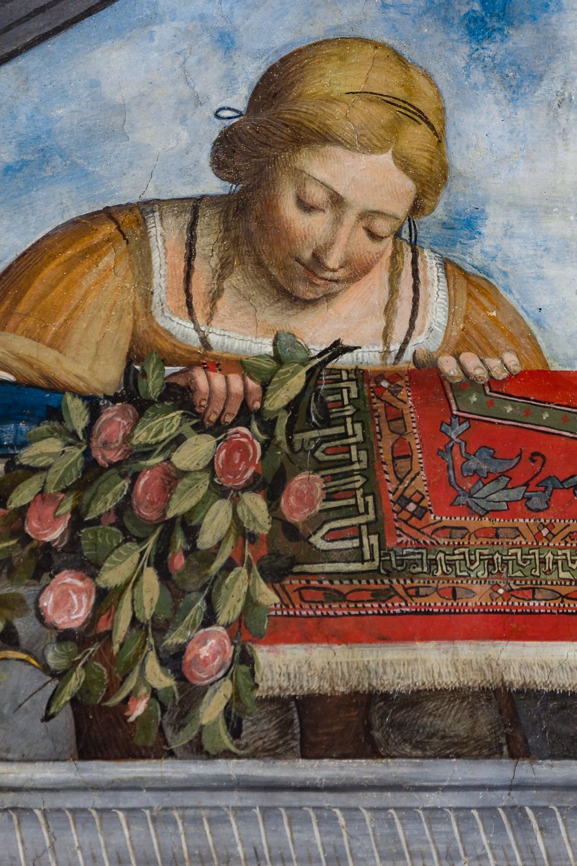 Kvinde iført en gul kjole og blomster, detalje af hvælvingen, Aula Costabiliana eller Hall of the Treasure (fresco) af Benvenuto Tisi da Garofalo