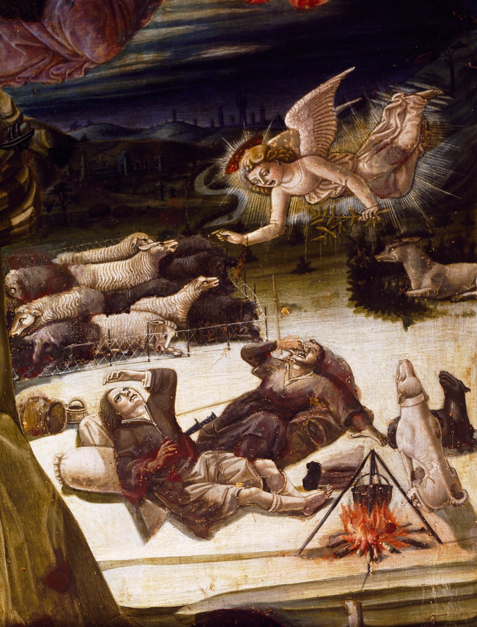 En engel og hyrder, detalje fra altertavlen med Fødselskirken af Benvenuto di Giovanni (1436-ca 1518), maleri på træ. af Benvenuto di Giovanni
