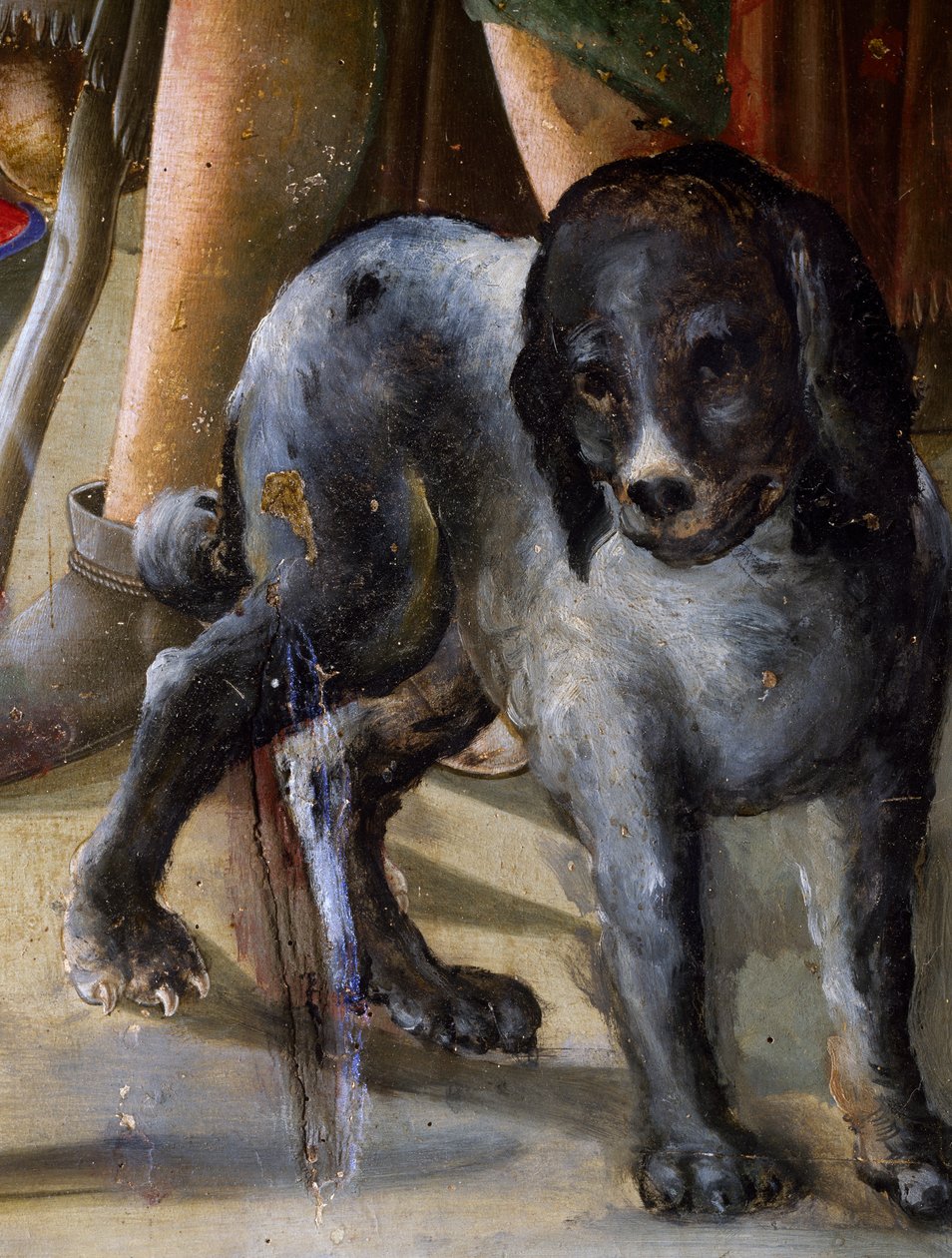 Hund, detalje fra Jesus fødsel, ca 1470, maleri af Benvenuto di Giovanni, tempera på panel af Benvenuto di Giovanni