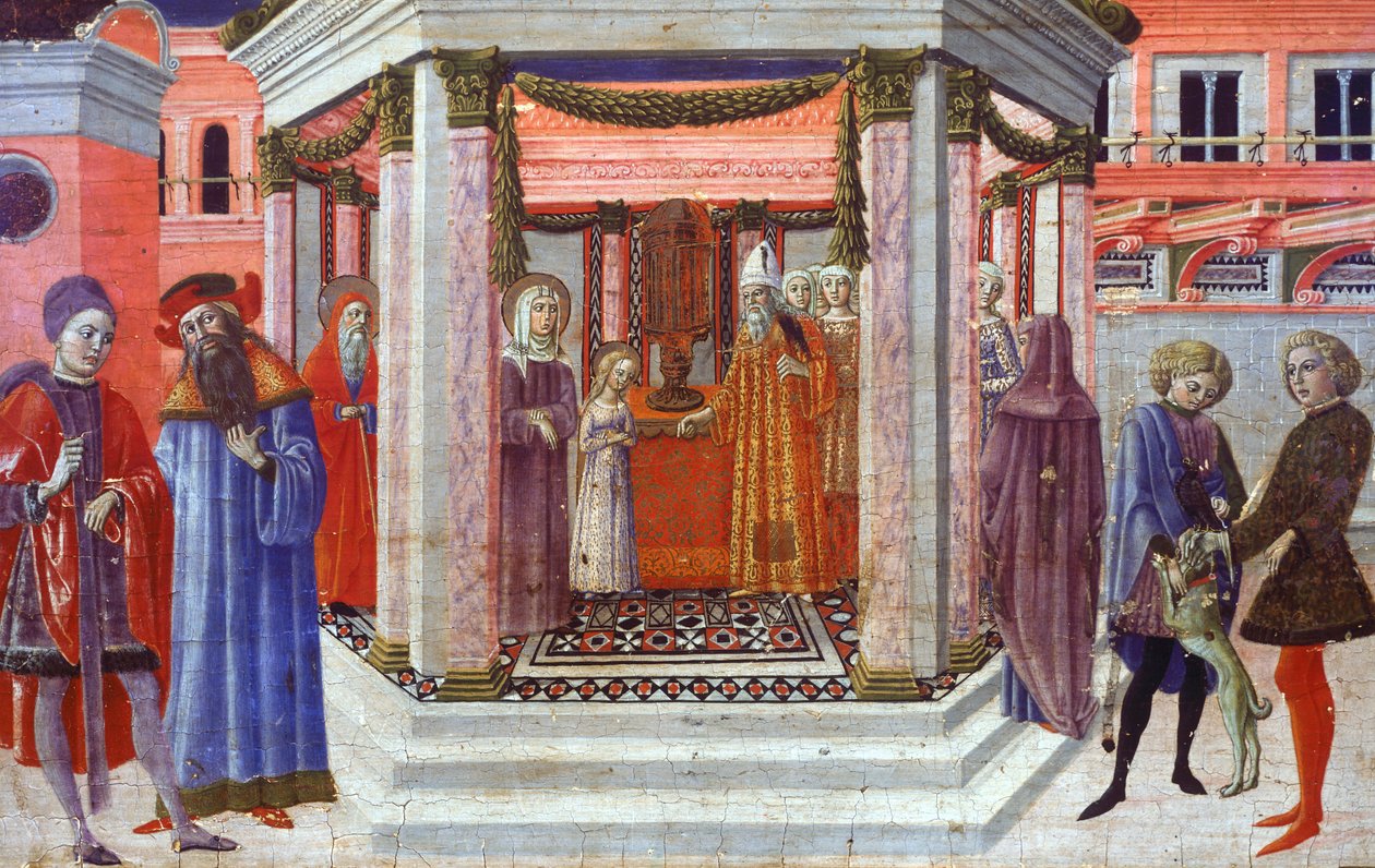 Marian esitys temppelissä, yksityiskohta Benvenuto di Giovannin (1436-1518) predellasta af Benvenuto di Giovanni