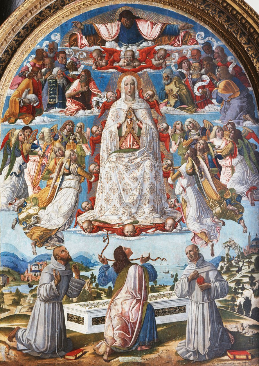 The Assumption of the Virgin with Saint Thomas receiving the Girdle between Saints Francis of Assisi and Anthony of Padua, 1480sdani af Benvenuto di Giovanni
