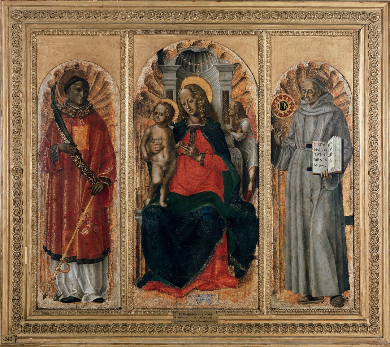 Triptykon, Jomfru med barn med Sankt Leonard (eller Stephen) og Sankt Bernardino af Siena (olie på panel af Bernadino Jacobi Butinone