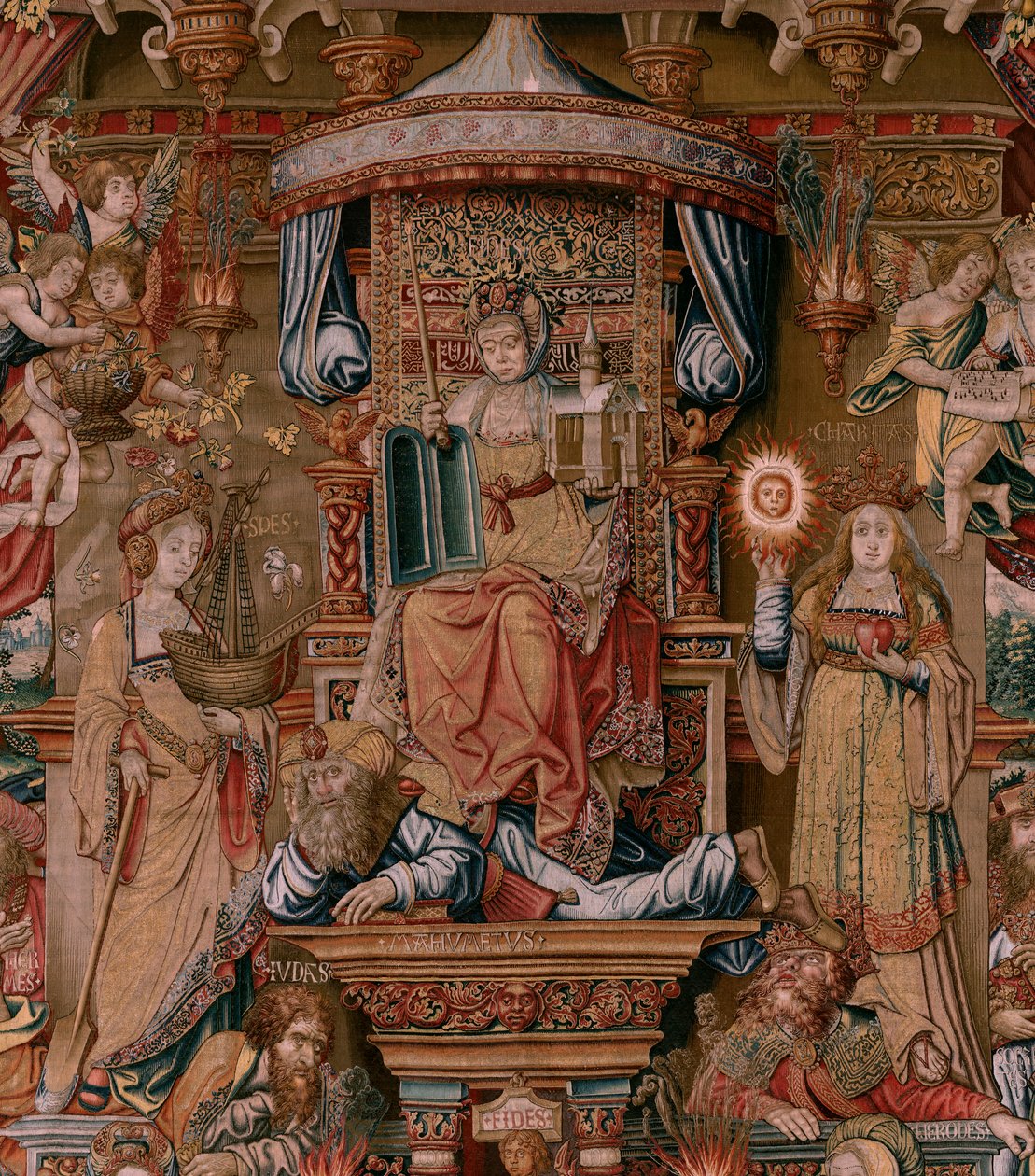 flamsk gobelin. Serien The Honours. Tro (La Fe). Første gobelin i serien. Modeltegnere fra Bernard van Orleys og Jan Gossaerts kreds (Mabuse). Fremstilling Pieter van Aelst, Bruxelles. Ca 1550. Stof Guld, sølv, silke og uld. af Bernaert van (circle of) Orley
