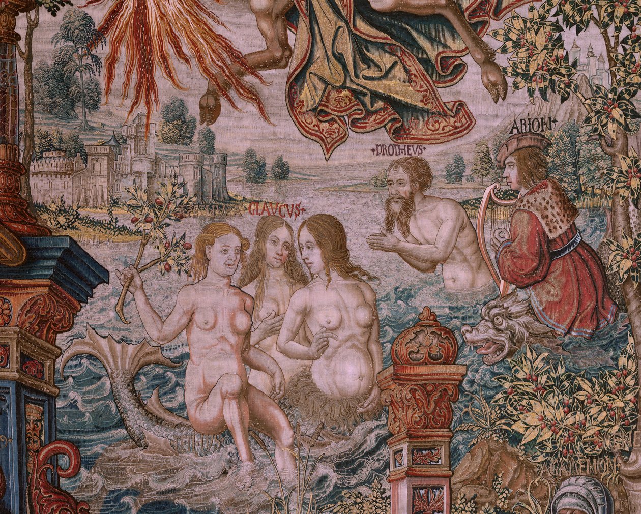 flamsk gobelin. Serien The Honours. Berømmelse (La Fama). Tredje gobelin i serien. Modeltegnere fra Bernard van Orleys og Jan Gossaerts kreds (Mabuse). Fremstilling Pieter van Aelst, Bruxelles. Ca 1550. Stof Guld, sølv, silke og uld. af Bernaert van (circle of) Orley