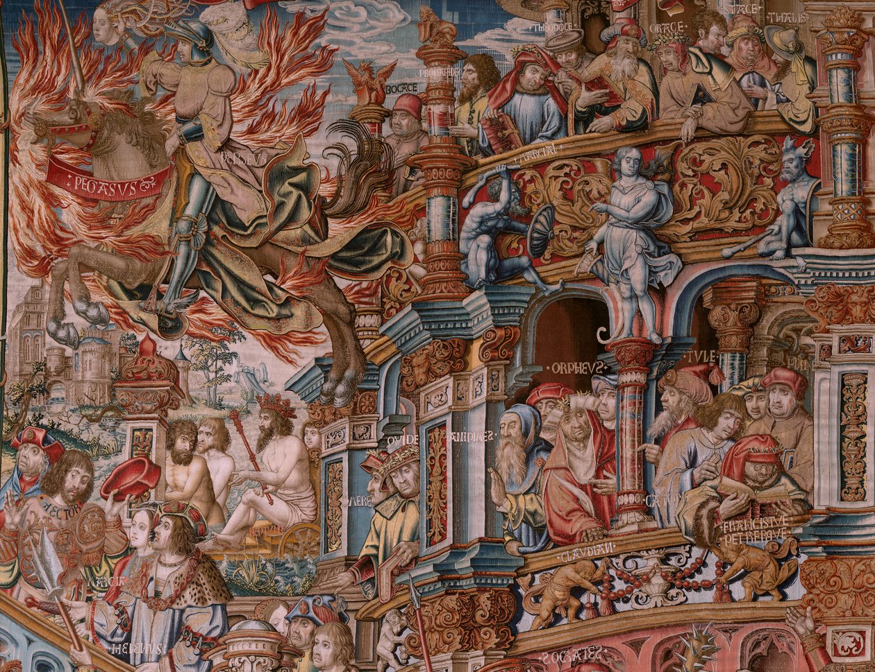 flamsk gobelin. Serien The Honours. Berømmelse (La Fama). Tredje gobelin i serien. Modeltegnere fra Bernard van Orleys og Jan Gossaerts kreds (Mabuse). Fremstilling Pieter van Aelst, Bruxelles. Ca 1550. Stof Guld, sølv, silke og uld. af Bernaert van (circle of) Orley