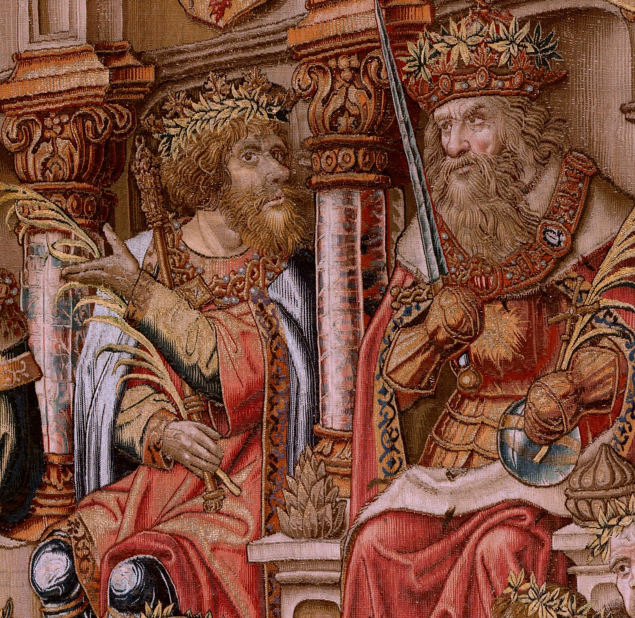 flamsk gobelin. Serien The Honours. Ære (El Ære). Andet gobelin i serien. Modeltegnere fra Bernard van Orleys og Jan Gossaerts kreds (Mabuse). Fremstilling Pieter van Aelst, Bruxelles. Ca 1550. Stof Guld, sølv, silke og uld. af Bernaert van (circle of) Orley