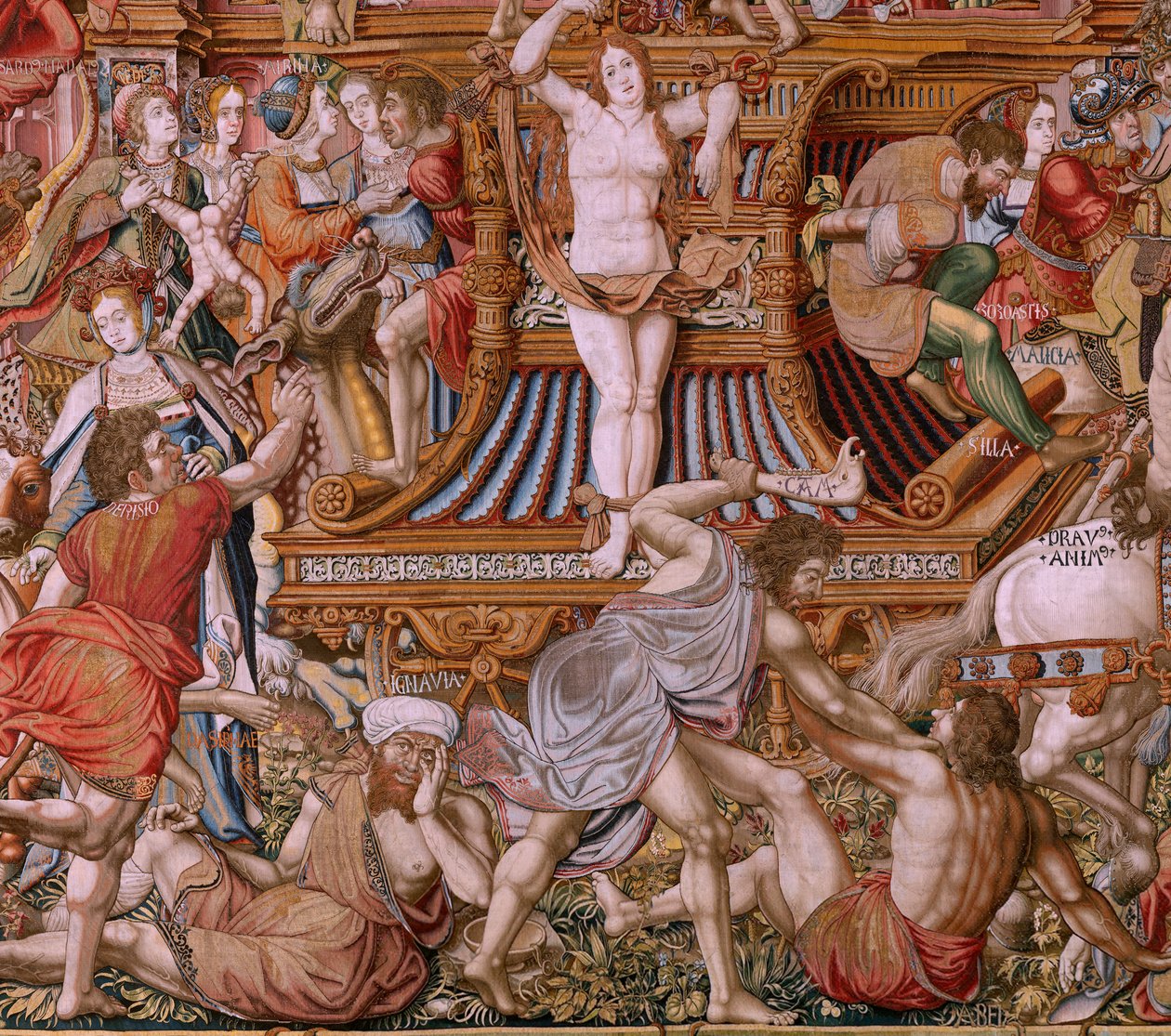 flamsk gobelin. Serien The Honours. Infamy (La Infamia). Sjette gobelin i serien. Modeltegnere fra Bernard van Orleys og Jan Gossaerts kreds (Mabuse). Fremstilling Pieter van Aelst, Bruxelles. Ca 1550. Stof Guld, sølv, silke og uld. af Bernaert van (circle of) Orley