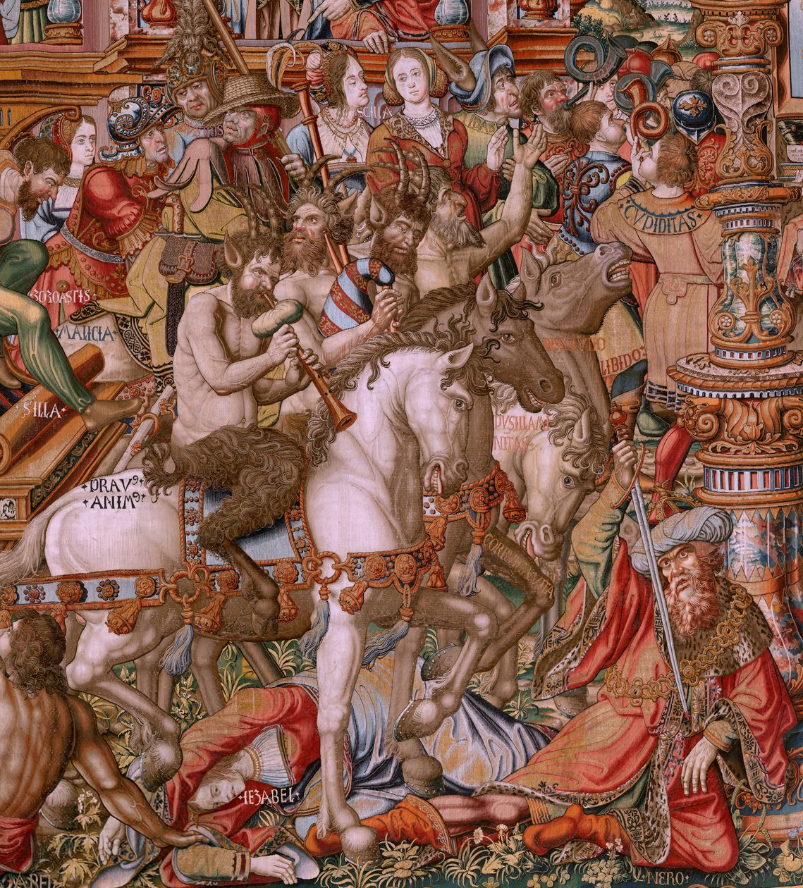flamsk gobelin. Serien The Honours. Infamy (La Infamia). Sjette gobelin i serien. Modeltegnere fra Bernard van Orleys og Jan Gossaerts kreds (Mabuse). Fremstilling Pieter van Aelst, Bruxelles. Ca 1550. Stof Guld, sølv, silke og uld. af Bernaert van (circle of) Orley