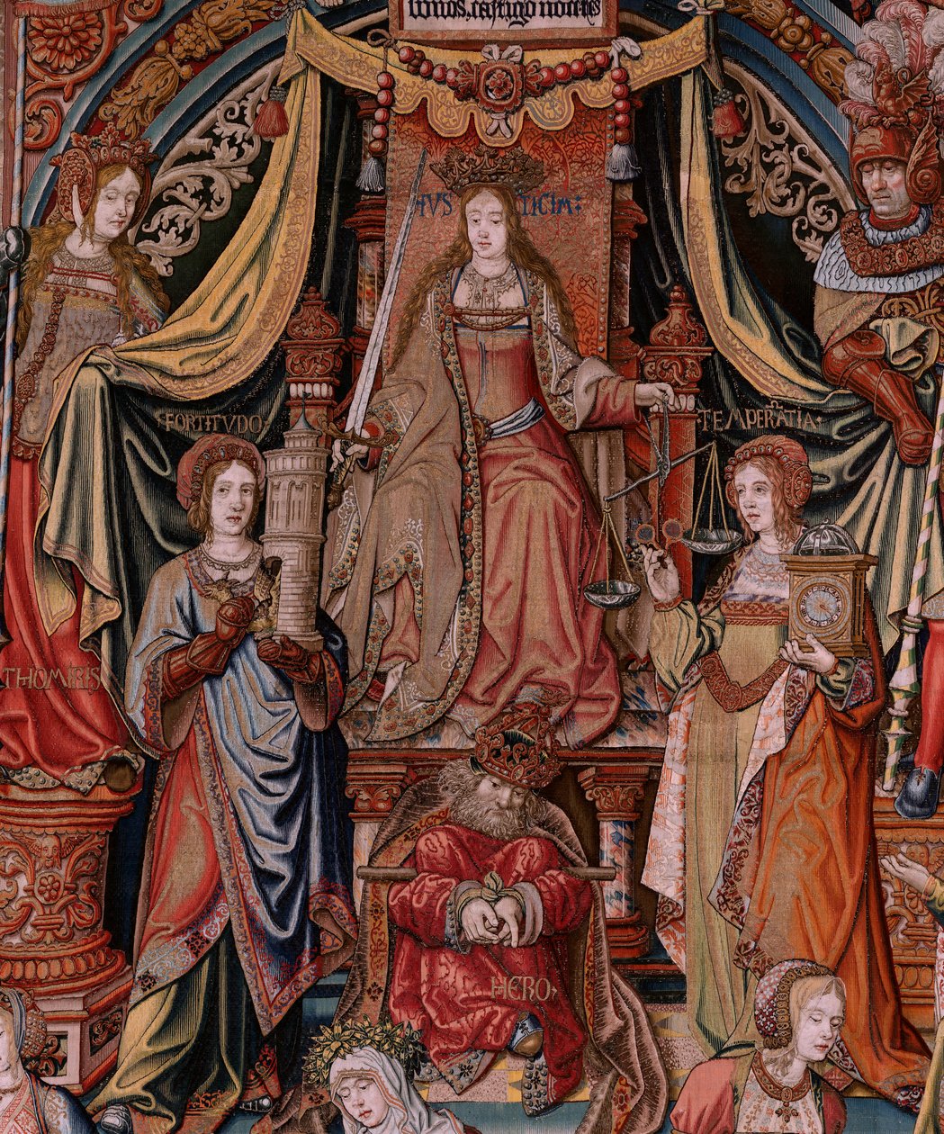 flamsk gobelin. Serien The Honours. Retfærdighed (La Justicia, Los Honores). Niende gobelin i serien. Modeltegnere fra Bernard van Orleys og Jan Gossaerts kreds (Mabuse). Fremstilling Pieter van Aelst, Bruxelles. Ca 1550. Stof Guld, sølv, af Bernaert van (circle of) Orley
