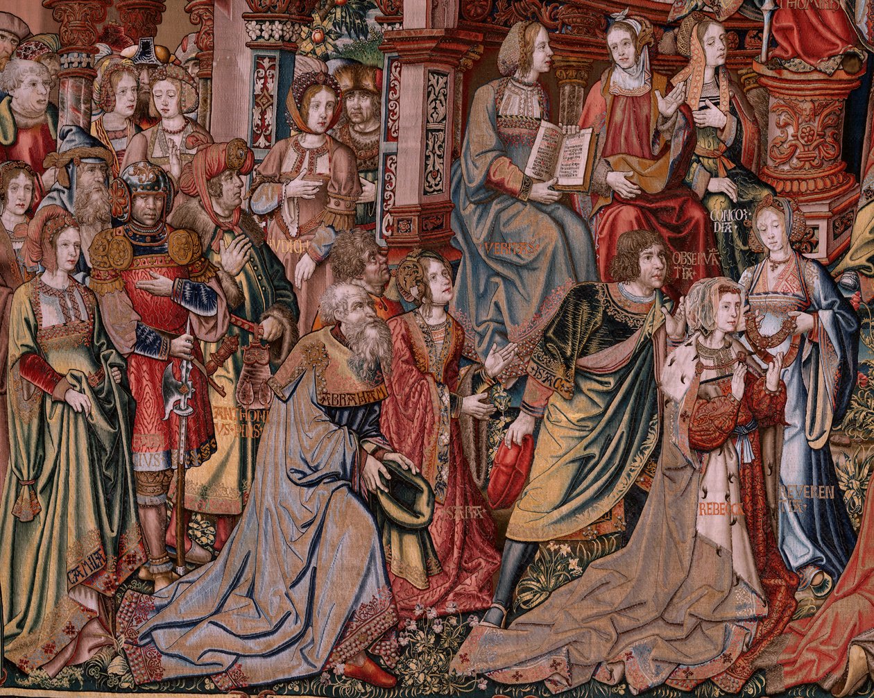 flamsk gobelin. Serien The Honours. Retfærdighed (La Justicia, Los Honores). Niende gobelin i serien. Modeltegnere fra Bernard van Orleys og Jan Gossaerts kreds (Mabuse). Fremstilling Pieter van Aelst, Bruxelles. Ca 1550. Stof Guld, sølv, af Bernaert van (circle of) Orley
