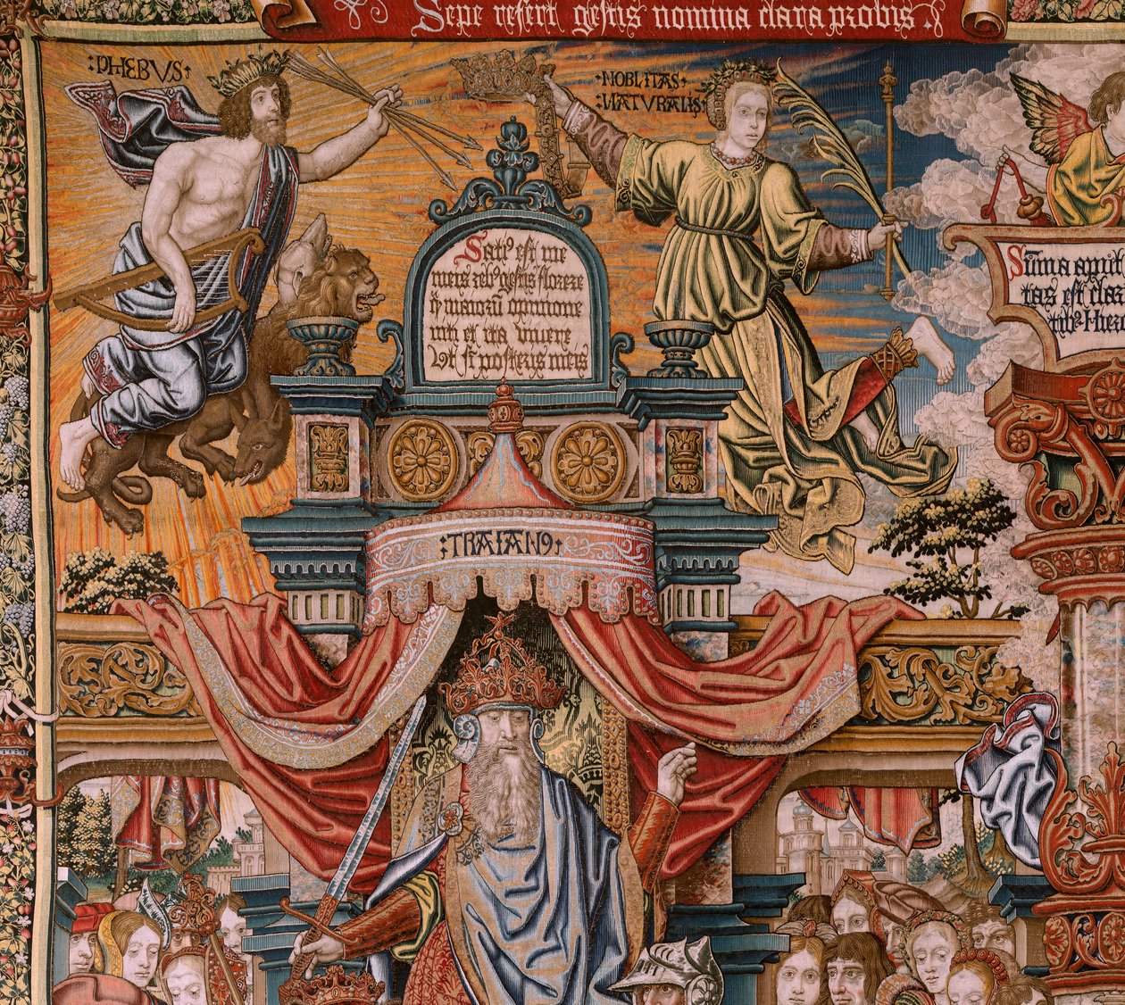 flamsk gobelin. Serie The Honours; Adel (La Nobleza). Fjerde gobelin i serien. Modeltegnere fra Bernard van Orleys og Jan Gossaerts kreds (Mabuse). Fremstilling Pieter van Aelst, Brussels.Ca 1550. Stof Guld, sølv, silke og uld af Bernaert van (circle of) Orley