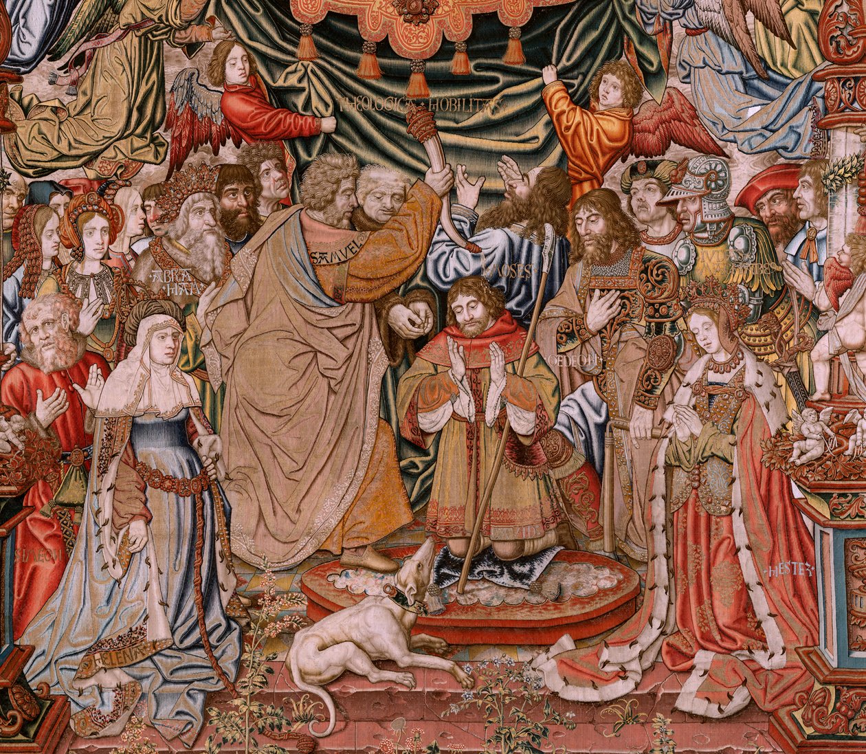 flamsk gobelin. Serie The Honours; Adel (La Nobleza). Fjerde gobelin i serien. Modeltegnere fra Bernard van Orleys og Jan Gossaerts kreds (Mabuse). Fremstilling Pieter van Aelst, Brussels.Ca 1550. Stof Guld, sølv, silke og uld af Bernaert van (circle of) Orley